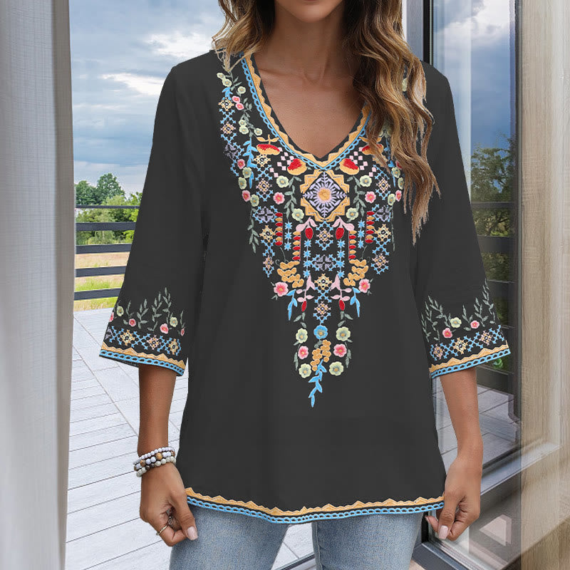 Buddha Stones Spring Daily Embroidery Flower Pattern Long Sleeve V-neck Cotton Women's T-Shirt - image 1