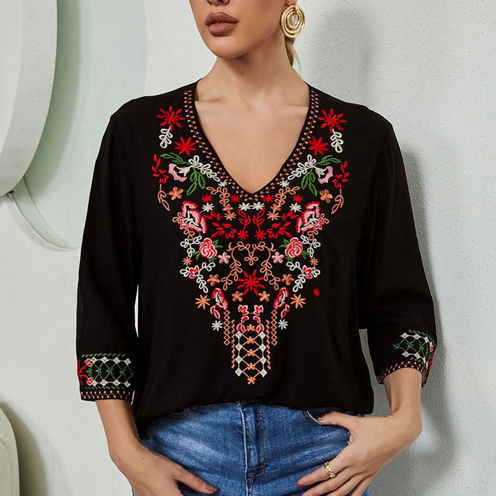 Buddha Stones Summer Embroidery Flower Simple Design Three Quarter Sleeve V-neck Cotton Women's T-Shirt