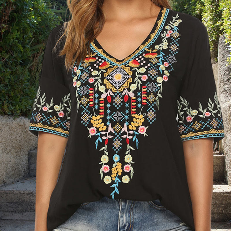 Buddha Stones Embroidery Flower Design Short Sleeve V-neck Cotton Women's T-Shirt