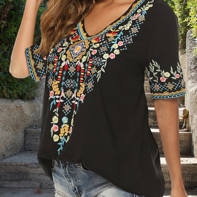 Buddha Stones Embroidery Flower Design Short Sleeve V-neck Cotton Women's T-Shirt