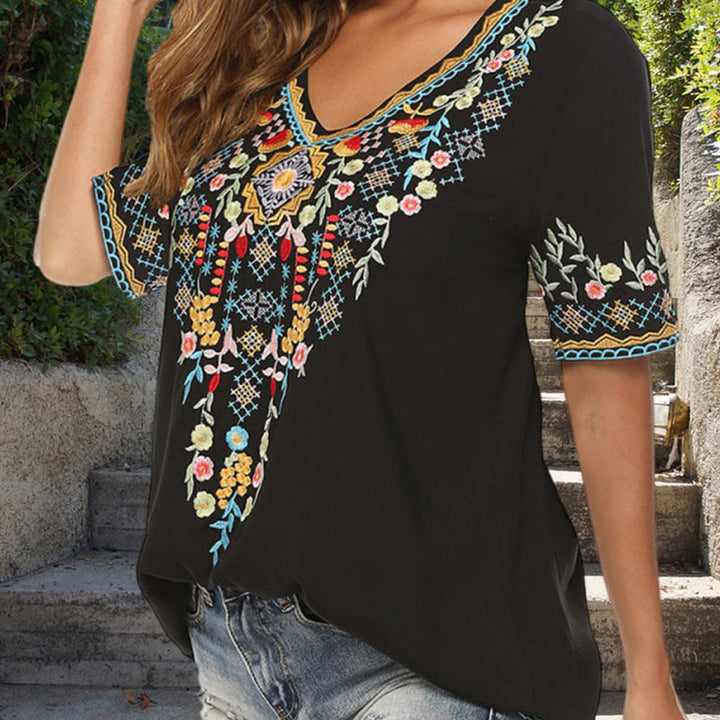 Buddha Stones Embroidery Flower Design Short Sleeve V-neck Cotton Women's T-Shirt