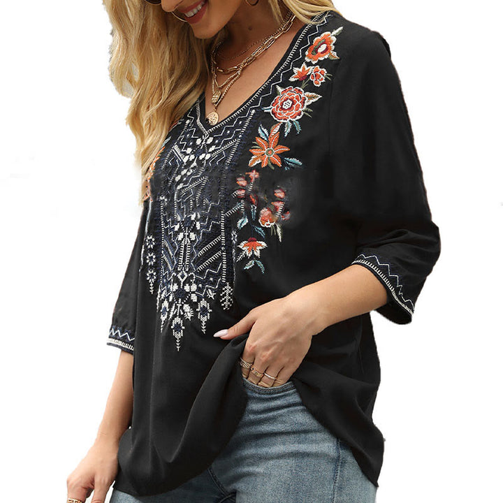 Buddha Stones Spring Casual Plain Embroidery Floral Pattern Design Three Quarter Sleeve V-neck Cotton Women's T-Shirt