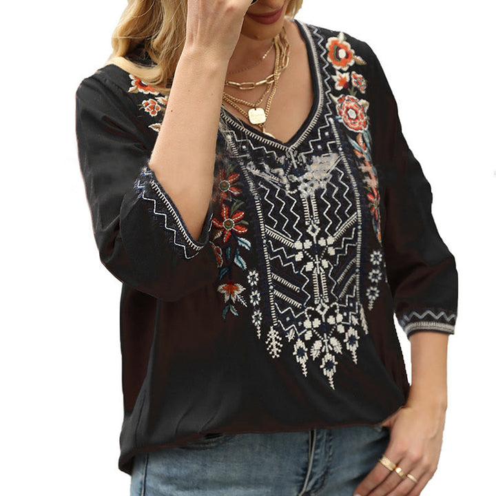 Buddha Stones Spring Casual Plain Embroidery Floral Pattern Design Three Quarter Sleeve V-neck Cotton Women's T-Shirt