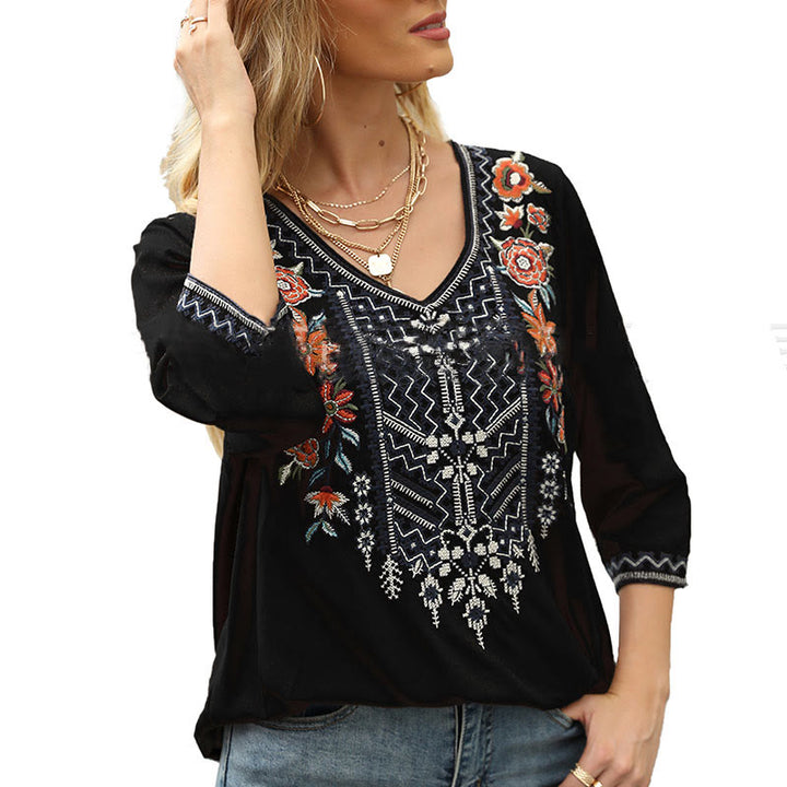 Buddha Stones Spring Casual Plain Embroidery Floral Pattern Design Three Quarter Sleeve V-neck Cotton Women's T-Shirt