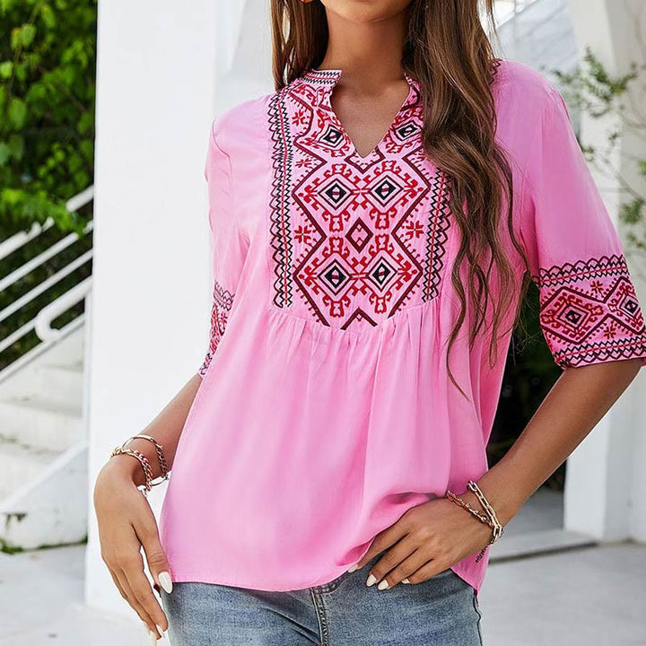 Buddha Stones Summer Boho Embroidery Floral Pattern Half Sleeve V-neck Cotton Women's T-Shirt