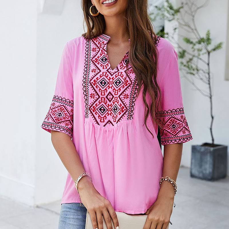 Buddha Stones Summer Boho Embroidery Floral Pattern Half Sleeve V-neck Cotton Women's T-Shirt