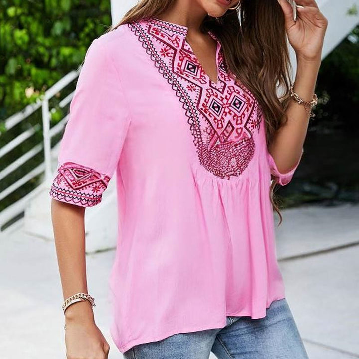 Buddha Stones Summer Boho Embroidery Floral Pattern Half Sleeve V-neck Cotton Women's T-Shirt