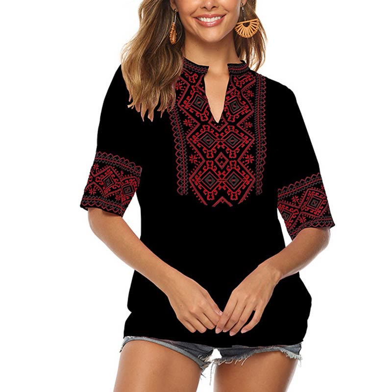 Buddha Stones Summer Boho Embroidery Floral Pattern Half Sleeve V-neck Cotton Women's T-Shirt - Black - US14，UK/AU18，EU46 (4XL) - image 9