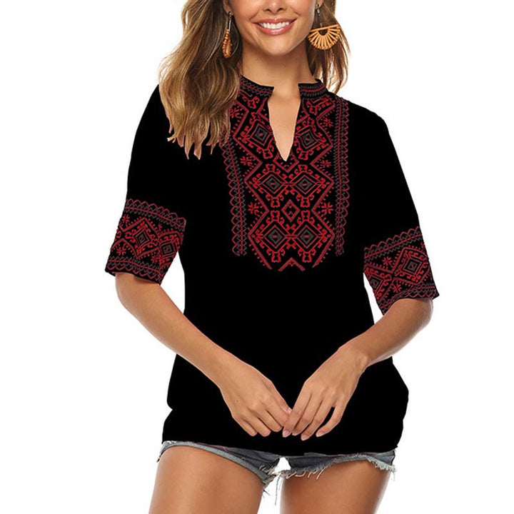 Buddha Stones Summer Boho Embroidery Floral Pattern Half Sleeve V-neck Cotton Women's T-Shirt - Black - US14，UK/AU18，EU46 (4XL) - image 9
