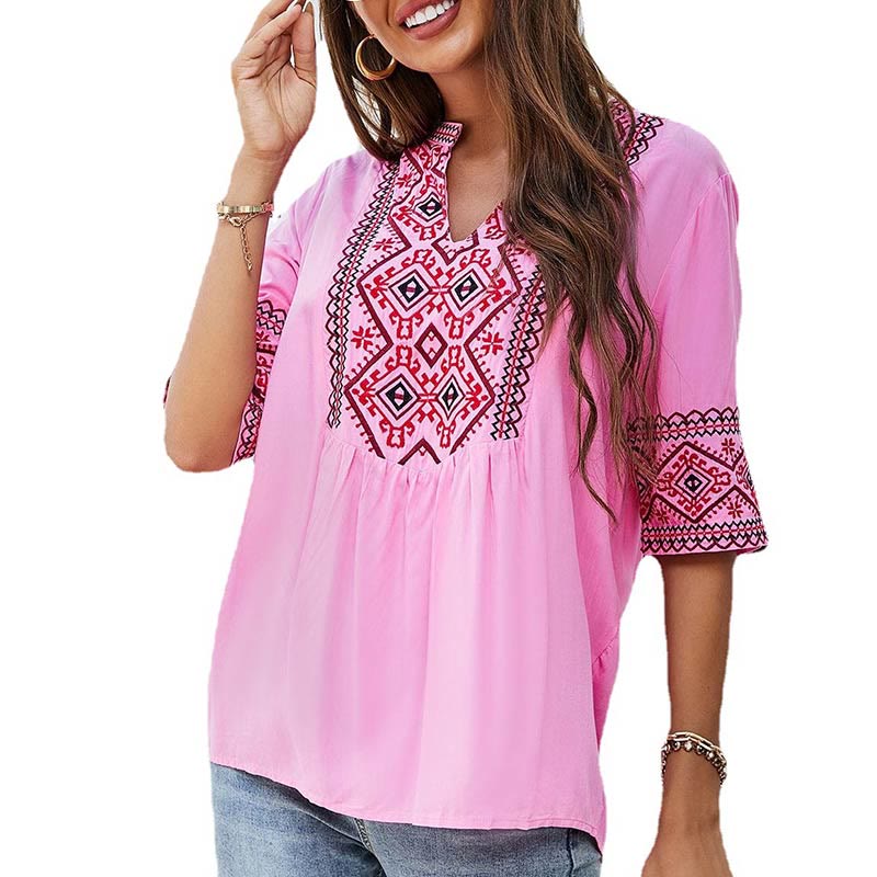 Buddha Stones Summer Boho Embroidery Floral Pattern Half Sleeve V-neck Cotton Women's T-Shirt