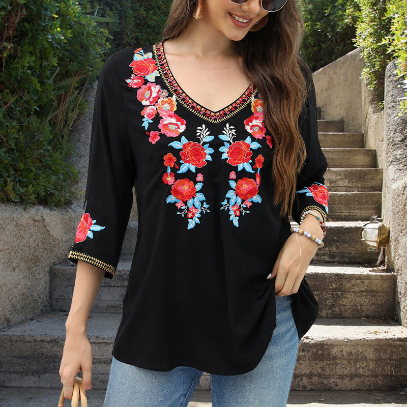 Buddha Stones Black Casual Embroidery Rose Pattern Three Quarter Sleeve Crew Neck Cotton Women's T-Shirt