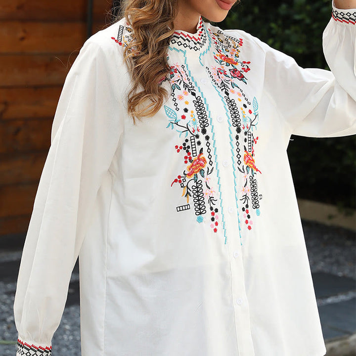 Buddha Stones White Casual Embroidery Plants Flower Pattern Button Stand Collar Cotton Women's Shirt