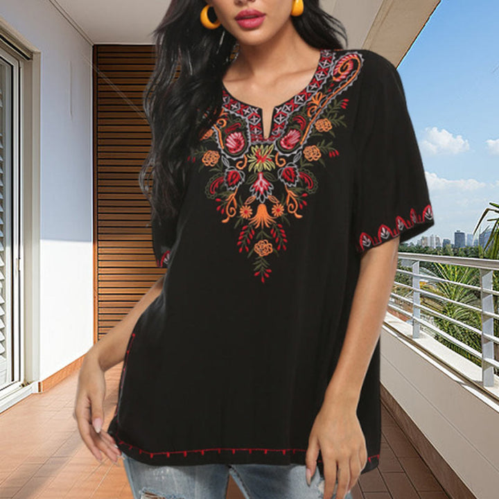 Buddha Stones Black Casual Embroidery Flower Design Half Sleeve Notched Cotton Women's T-Shirt