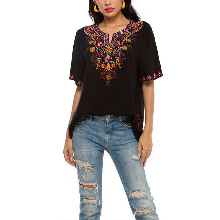 Buddha Stones Black Casual Embroidery Flower Design Half Sleeve Notched Cotton Women's T-Shirt