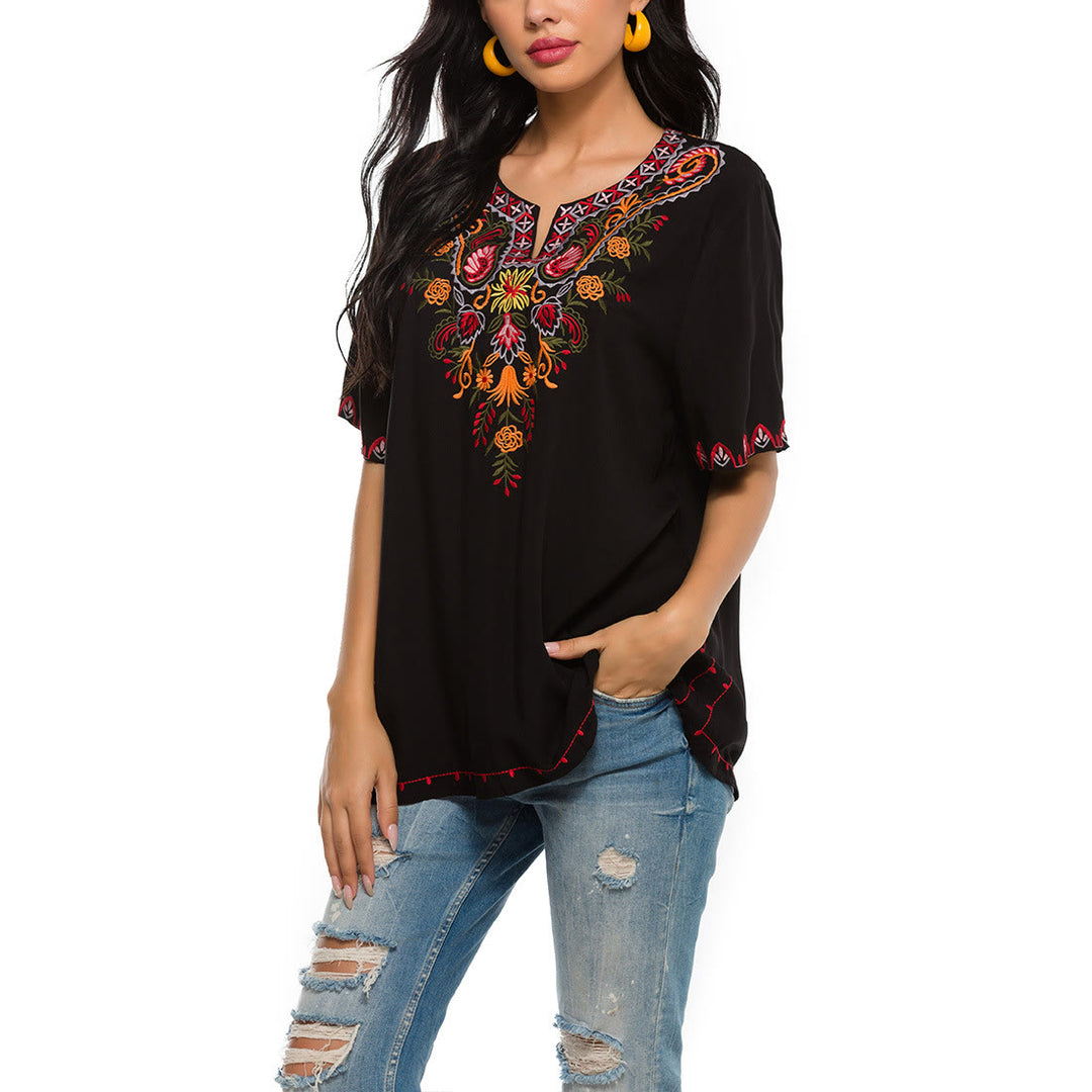 Buddha Stones Black Casual Embroidery Flower Design Half Sleeve Notched Cotton Women's T-Shirt - image 6