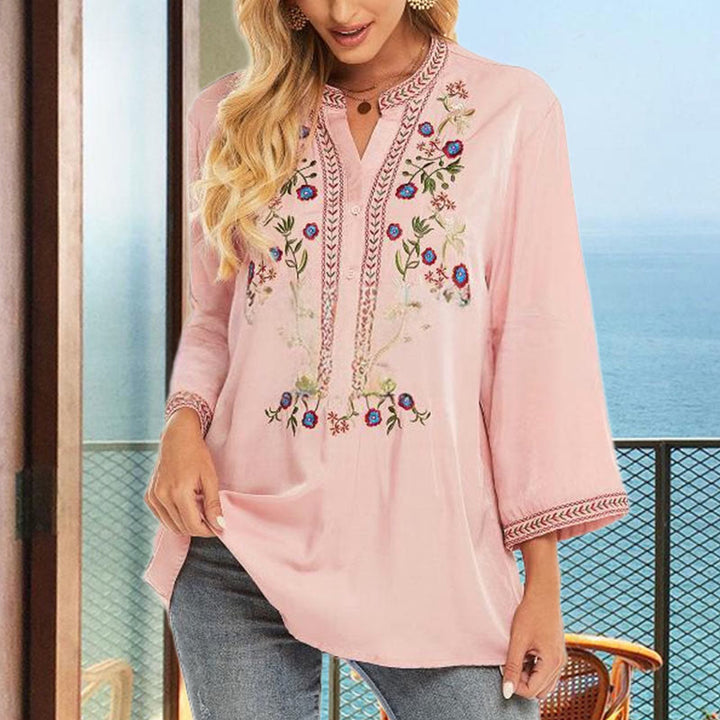 Buddha Stones Pure Color Embroidery Flower Design Long Sleeve V-Neck Cotton Women's T-Shirt - image 1