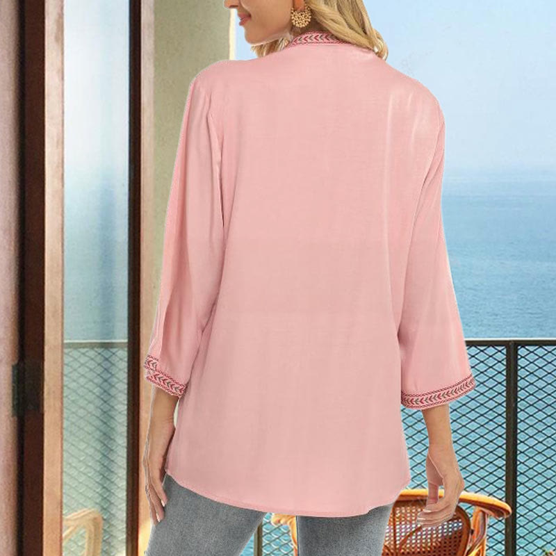 Buddha Stones Pure Color Embroidery Flower Design Long Sleeve V-Neck Cotton Women's T-Shirt - image 4