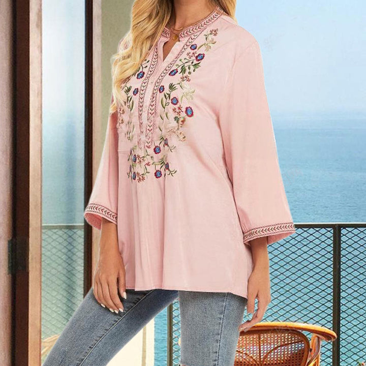 Buddha Stones Pure Color Embroidery Flower Design Long Sleeve V-Neck Cotton Women's T-Shirt