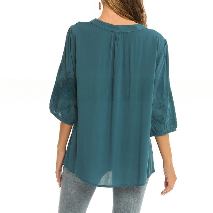 Buddha Stones Casual Solid Color Embroidery Flower Three Quarter Sleeve V-Neck Cotton Women's T-Shirt - image 8