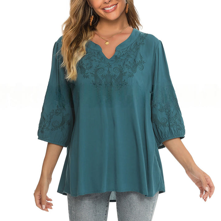 Buddha Stones Casual Solid Color Embroidery Flower Three Quarter Sleeve V-Neck Cotton Women's T-Shirt - image 9