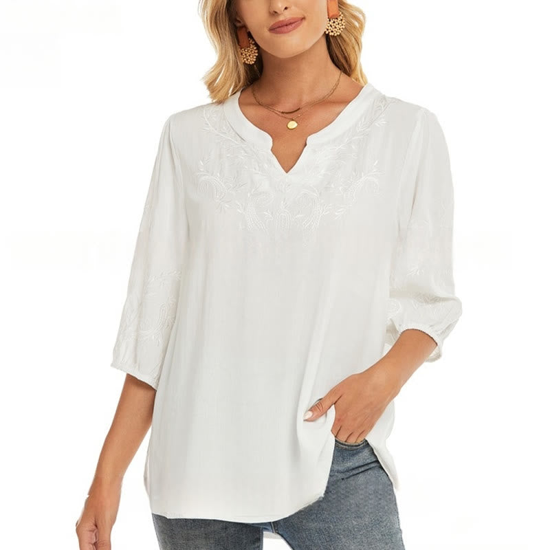 Buddha Stones Casual Solid Color Embroidery Flower Three Quarter Sleeve V-Neck Cotton Women's T-Shirt