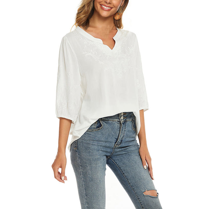 Buddha Stones Casual Solid Color Embroidery Flower Three Quarter Sleeve V-Neck Cotton Women's T-Shirt - image 2