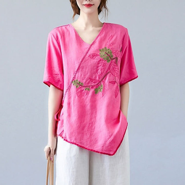 Buddha Stones Summer Casual Ethnic Embroidery Flower Lace-up Short Sleeve V-neck Cotton Linen Women's T-Shirt - image 19