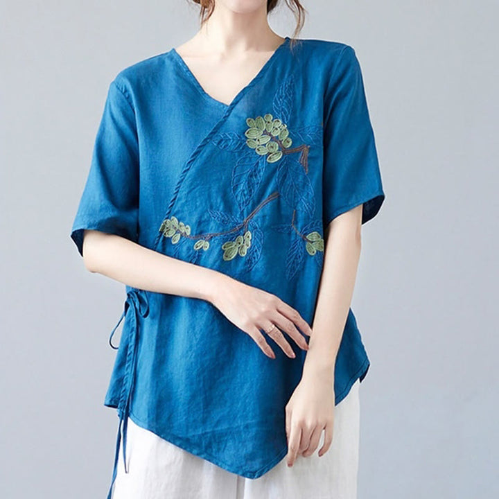 Buddha Stones Summer Casual Ethnic Embroidery Flower Lace-up Short Sleeve V-neck Cotton Linen Women's T-Shirt - image 7