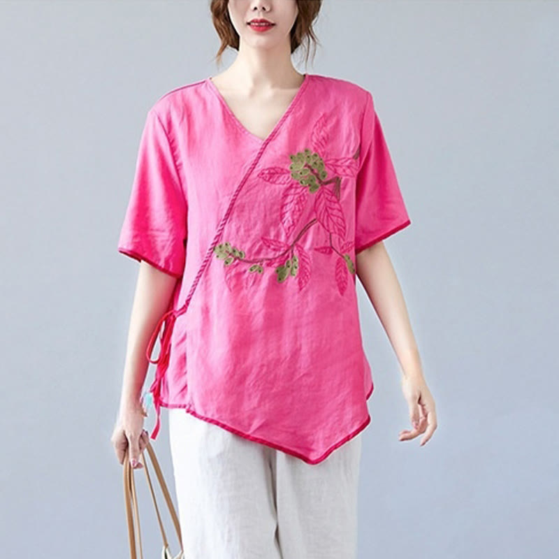Buddha Stones Summer Casual Ethnic Embroidery Flower Lace-up Short Sleeve V-neck Cotton Linen Women's T-Shirt - image 18