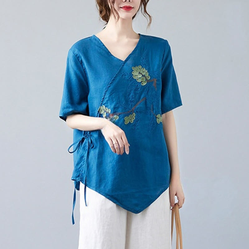 Buddha Stones Summer Casual Ethnic Embroidery Flower Lace-up Short Sleeve V-neck Cotton Linen Women's T-Shirt - image 1