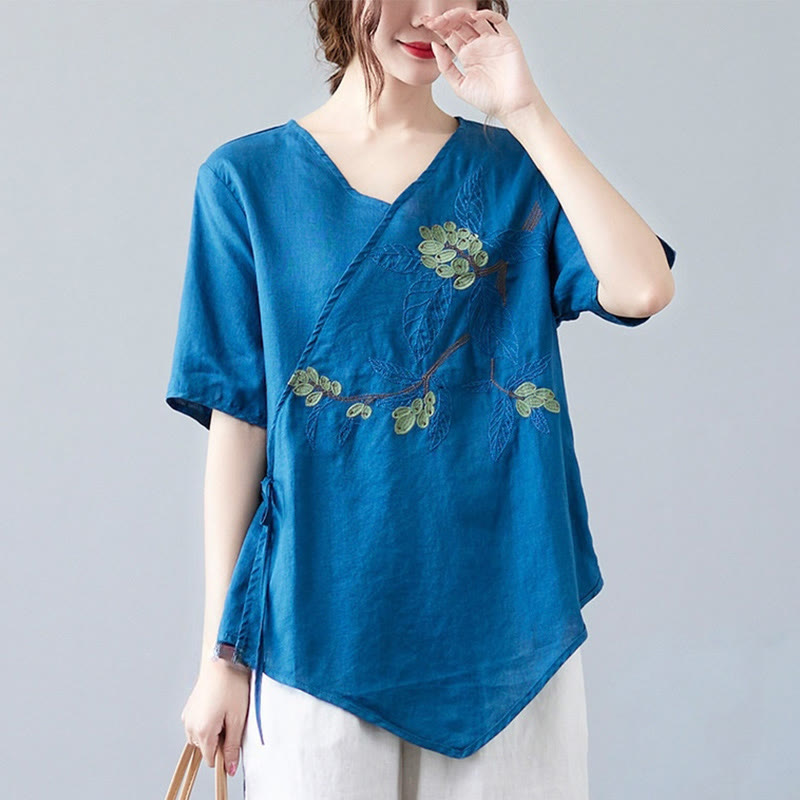 Buddha Stones Summer Casual Ethnic Embroidery Flower Lace-up Short Sleeve V-neck Cotton Linen Women's T-Shirt - MediumBlue - US8-10，UK/AU12-14，EU40-42 (2XL) - image 0