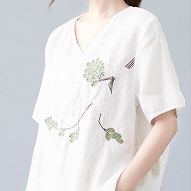 Buddha Stones Summer Casual Ethnic Embroidery Flower Lace-up Short Sleeve V-neck Cotton Linen Women's T-Shirt - image 16