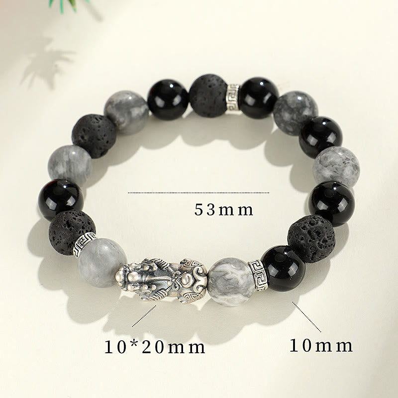 Buddha Stones 999 Sterling Silver PiXiu Black Onyx Grey Jasper Lava Rock Protection Bracelet - image 10