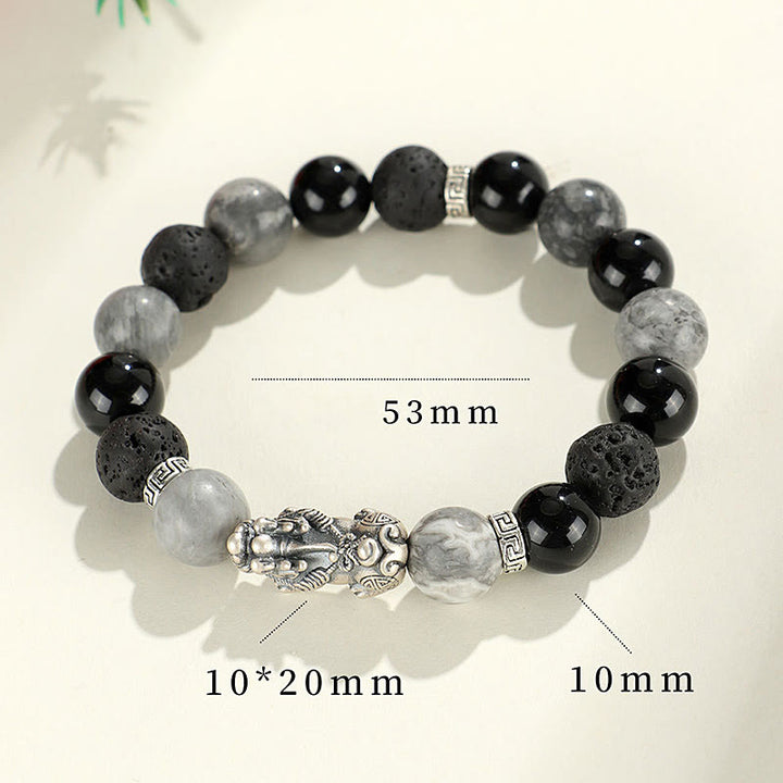 Buddha Stones 999 Sterling Silver PiXiu Black Onyx Grey Jasper Lava Rock Protection Bracelet - image 10