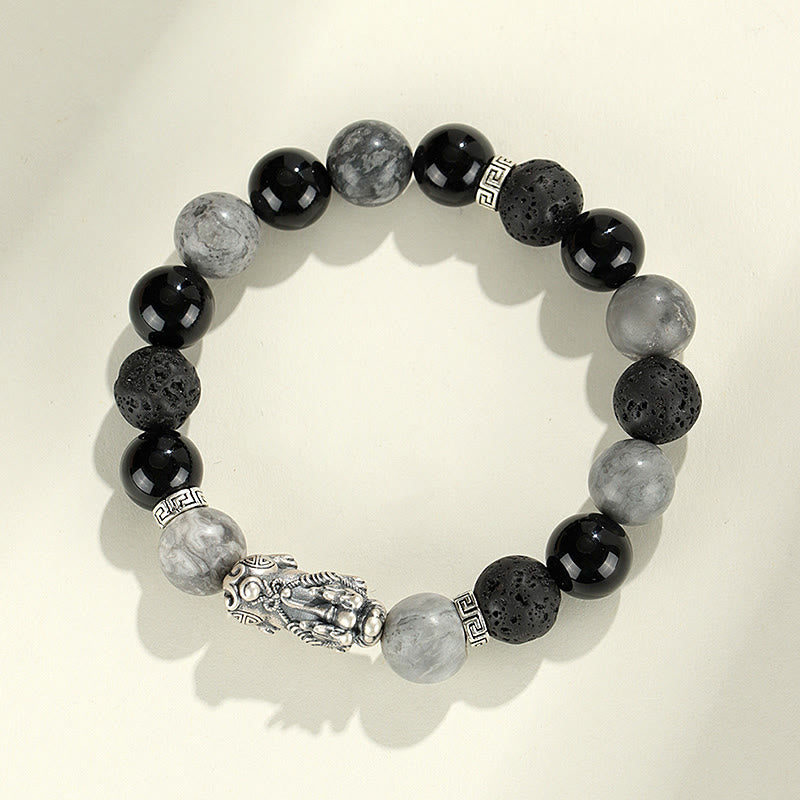 Buddha Stones 999 Sterling Silver PiXiu Black Onyx Grey Jasper Lava Rock Protection Bracelet - image 1