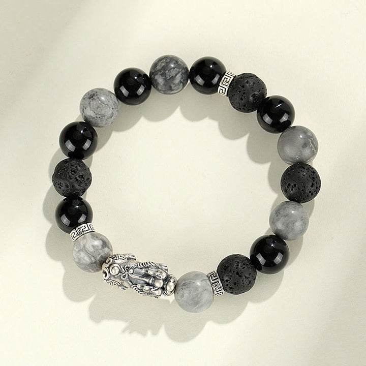 Buddha Stones 999 Sterling Silver PiXiu Black Onyx Grey Jasper Lava Rock Protection Bracelet - image 1