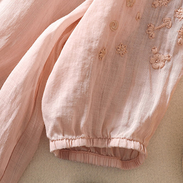 Buddha Stones Casual Plain Button Floral Embroidered Design Puff Half Sleeve Cotton Linen Women's Shirt - image 17