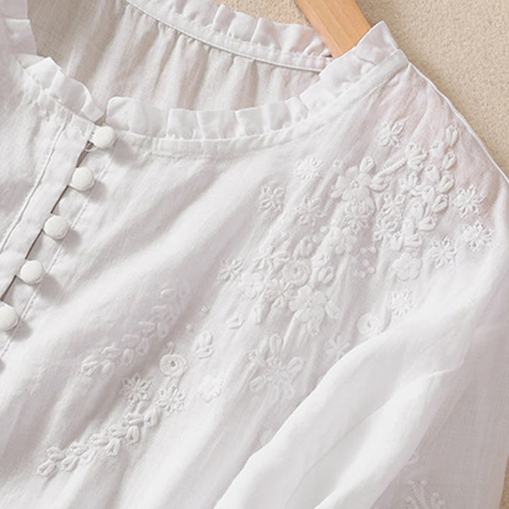 Buddha Stones Casual Plain Button Floral Embroidered Design Puff Half Sleeve Cotton Linen Women's Shirt - image 9