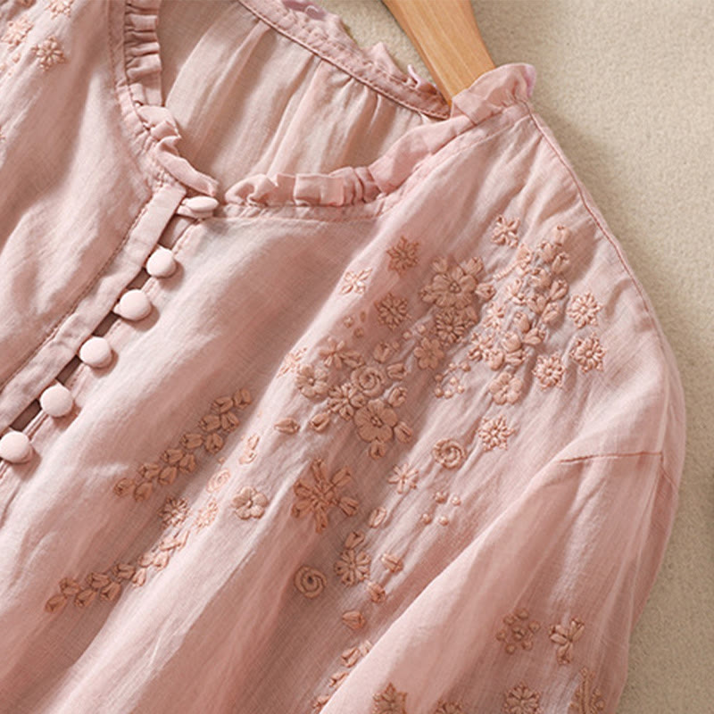 Buddha Stones Casual Plain Button Floral Embroidered Design Puff Half Sleeve Cotton Linen Women's Shirt - image 16