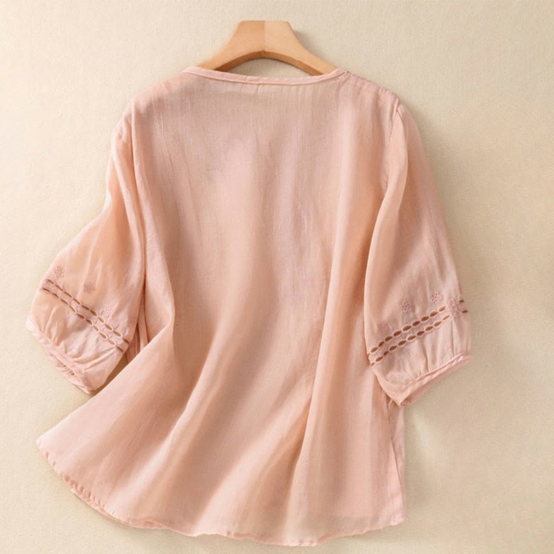 Buddha Stones Artistic Plain Floral Embroidered Design Crew Neck Puff Half Sleeve Women's T-Shirt - MistyRose - US8-10，UK/AU12-14，EU40-42 (2XL) - image 5