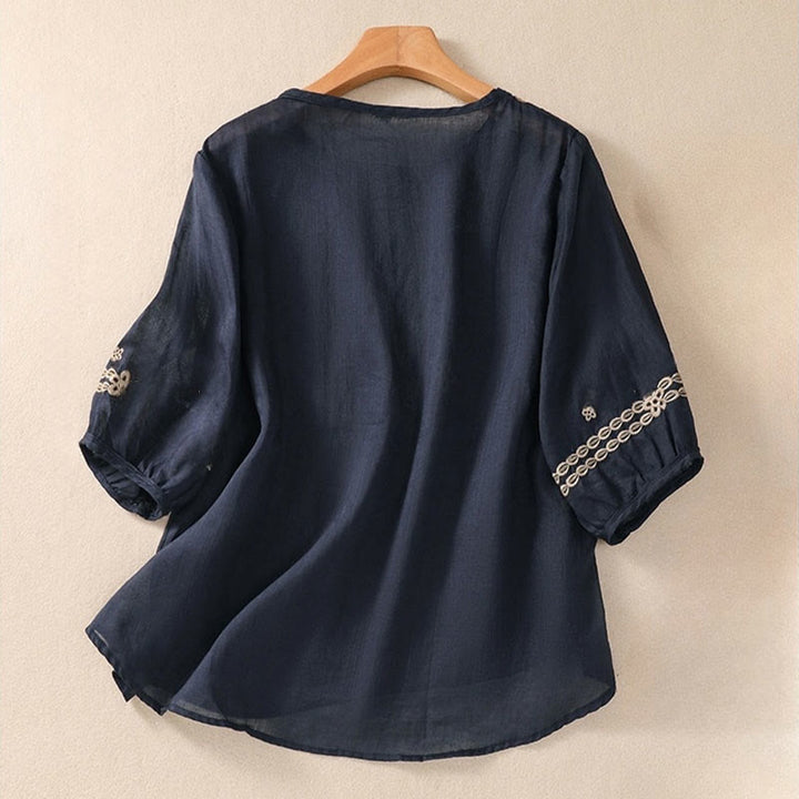 Buddha Stones Artistic Plain Floral Embroidered Design Crew Neck Puff Half Sleeve Cotton Linen Women's T-Shirt - image 1