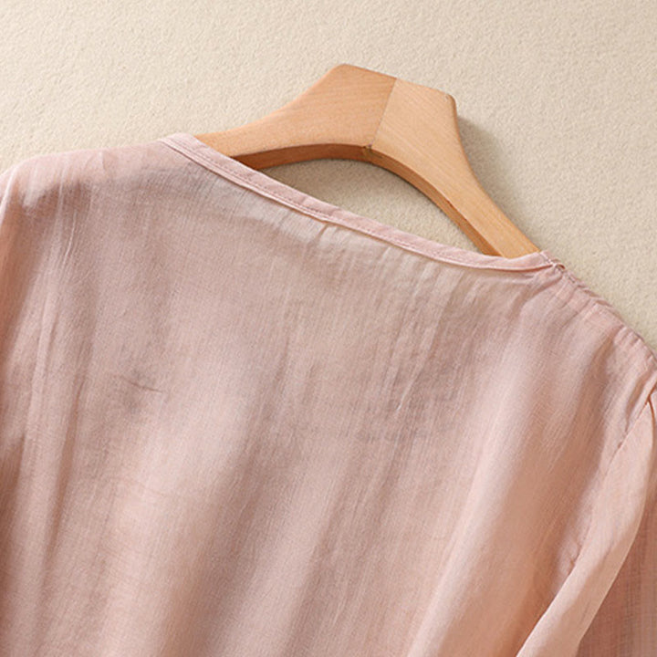 Buddha Stones Artistic Plain Floral Embroidered Design Crew Neck Puff Half Sleeve Cotton Linen Women's T-Shirt - image 8