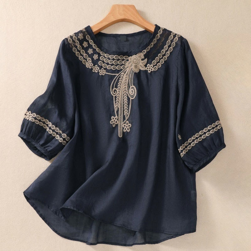 Buddha Stones Artistic Plain Floral Embroidered Design Crew Neck Puff Half Sleeve Cotton Linen Women's T-Shirt - DarkSlateBlue - US8-10，UK/AU12-14，EU40-42 (2XL) - image 0