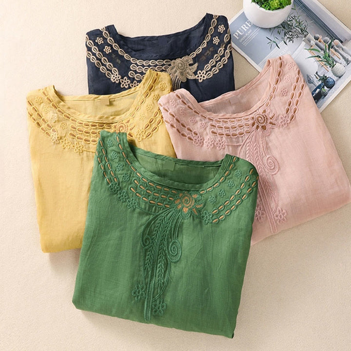 Buddha Stones Artistic Plain Floral Embroidered Design Crew Neck Puff Half Sleeve Women's T-Shirt - image 26