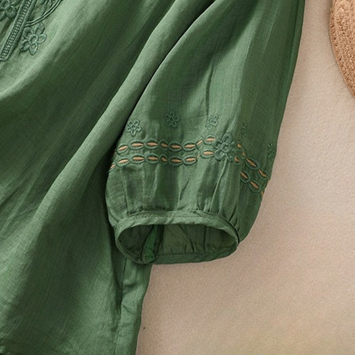 Buddha Stones Artistic Plain Floral Embroidered Design Crew Neck Puff Half Sleeve Cotton Linen Women's T-Shirt - image 23