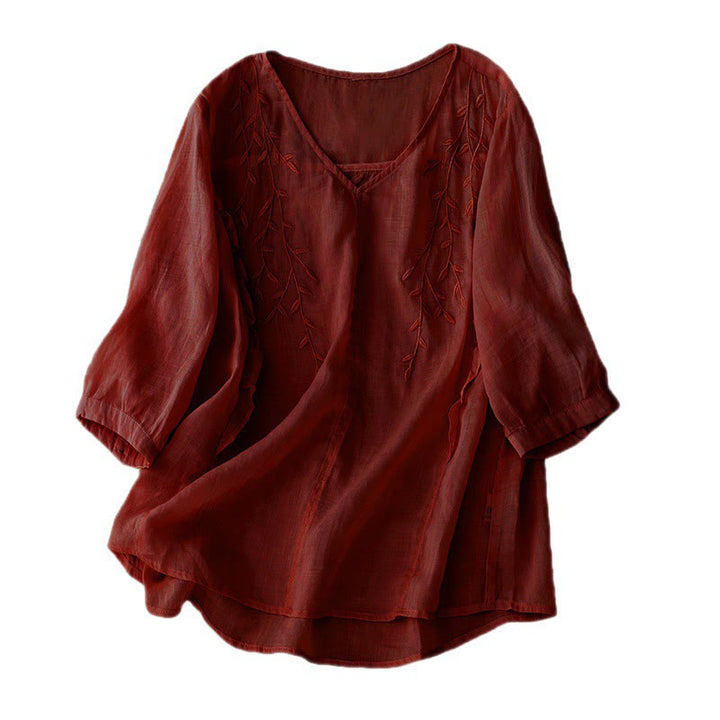 Buddha Stones Casual Plain Embroidery Willow Leaf Half Sleeve V-neck Women's Shirt - image 12