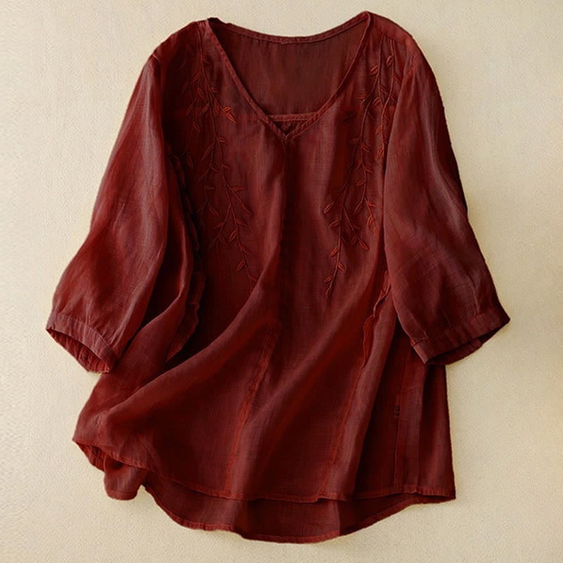 Buddha Stones Casual Plain Embroidery Willow Leaf Half Sleeve V-neck Women's Shirt - Brown - US8-10，UK/AU12-14，EU40-42 (2XL) - image 8