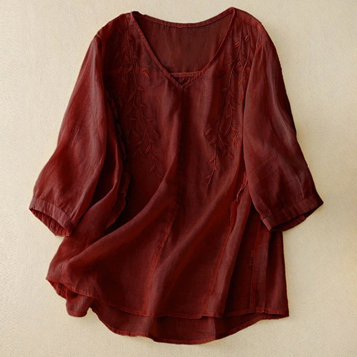 Buddha Stones Casual Plain Embroidery Willow Leaf Half Sleeve V-neck Women's Shirt - Brown - US8-10，UK/AU12-14，EU40-42 (2XL) - image 8