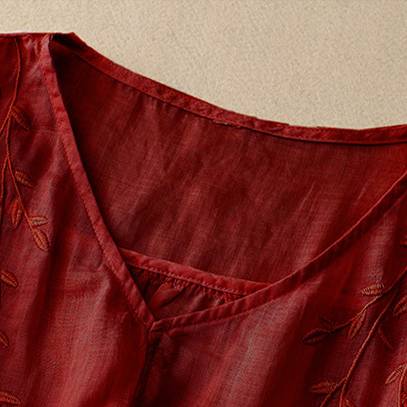 Buddha Stones Casual Plain Embroidery Willow Leaf Half Sleeve V-neck Women's Shirt - image 9