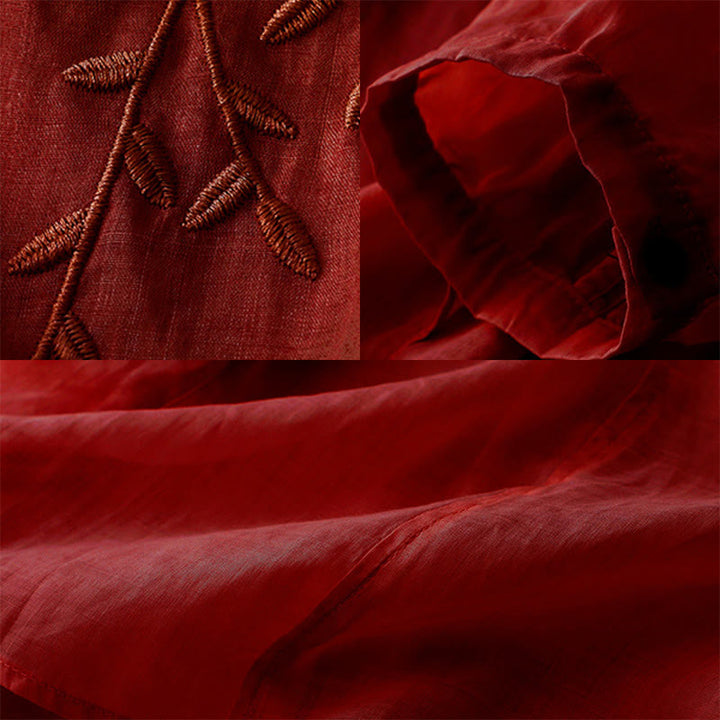 Buddha Stones Casual Plain Embroidery Willow Leaf Half Sleeve V-neck Women's Shirt - image 10